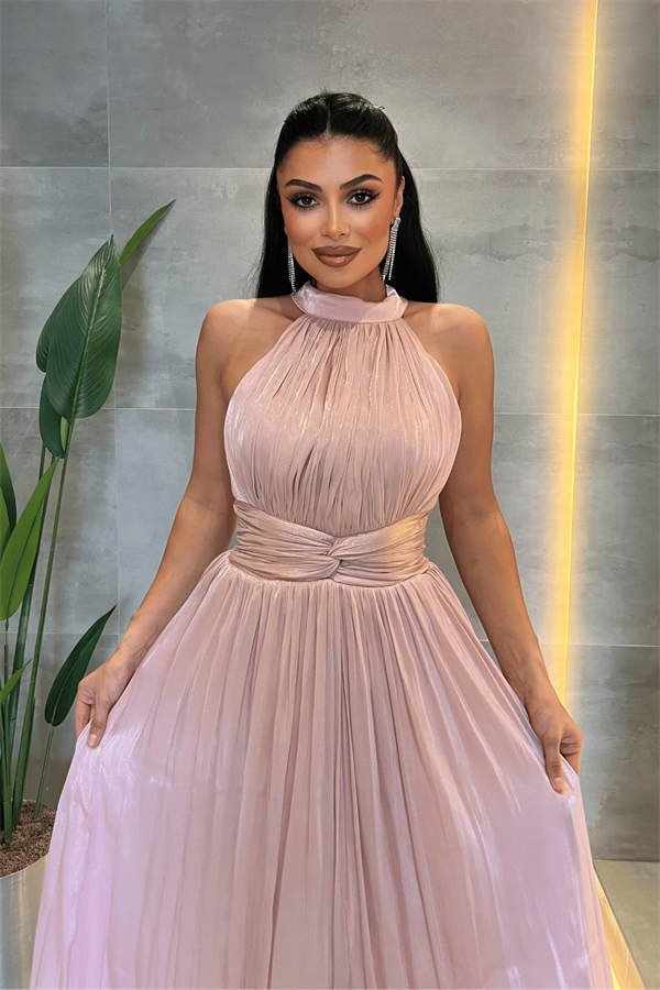 Şifon Kumaş Bel Korseli Abiye Elbise - PEMBE