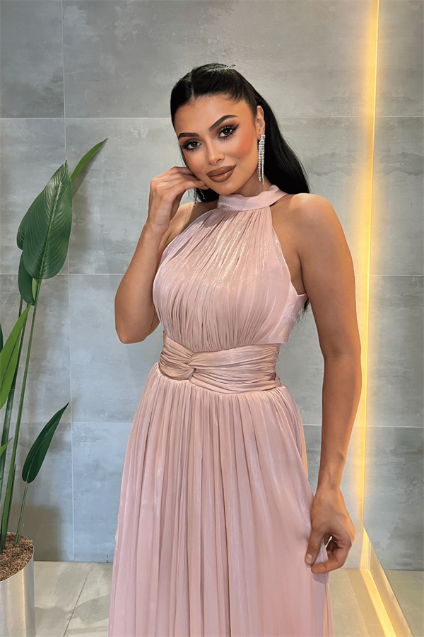 Şifon Kumaş Bel Korseli Abiye Elbise - PEMBE