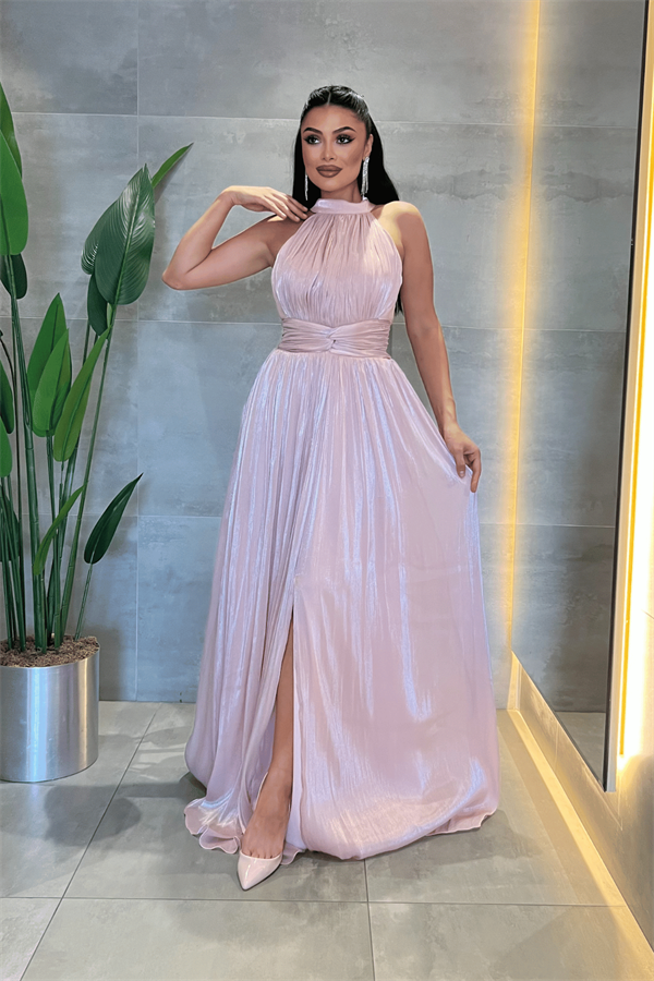 Şifon Kumaş Bel Korseli Abiye Elbise - PEMBE