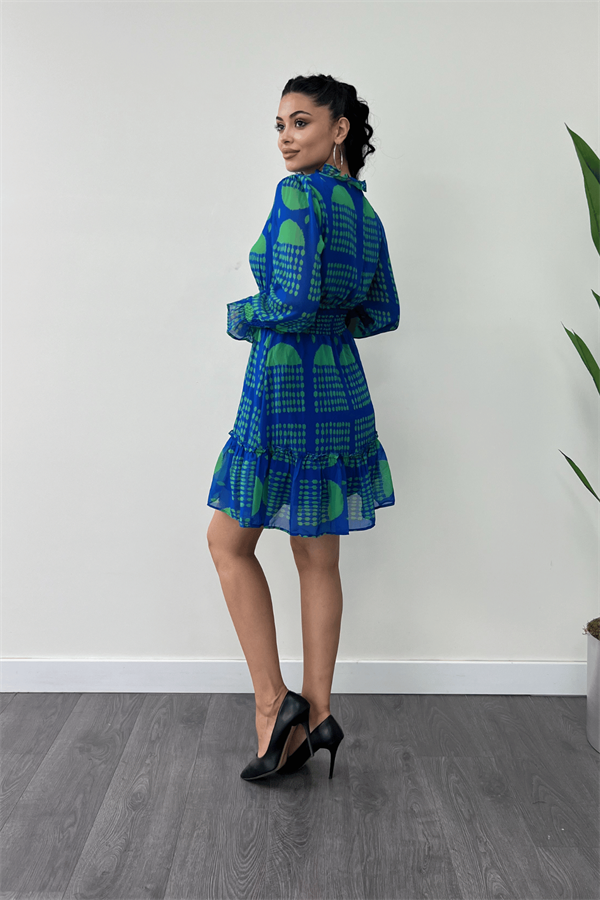 Şifon Kumaş Beli Lastik Detaylı Mini Elbise - SAKS MAVİ