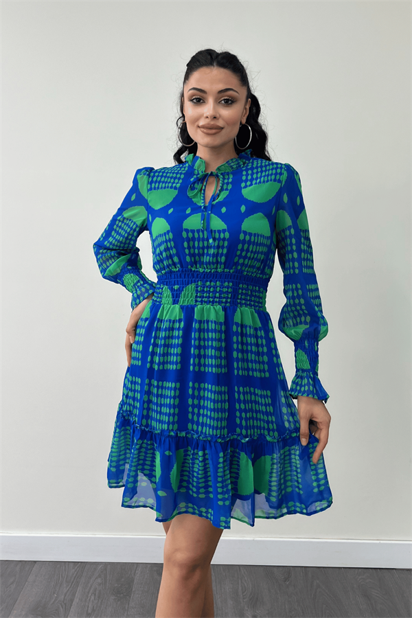 Şifon Kumaş Beli Lastik Detaylı Mini Elbise - SAKS MAVİ