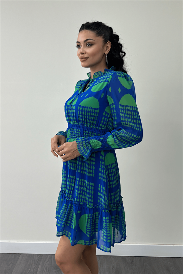 Şifon Kumaş Beli Lastik Detaylı Mini Elbise - SAKS MAVİ