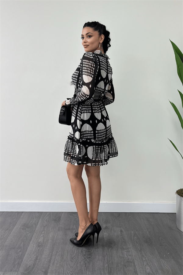 Şifon Kumaş Beli Lastik Detaylı Mini Elbise - SİYAH