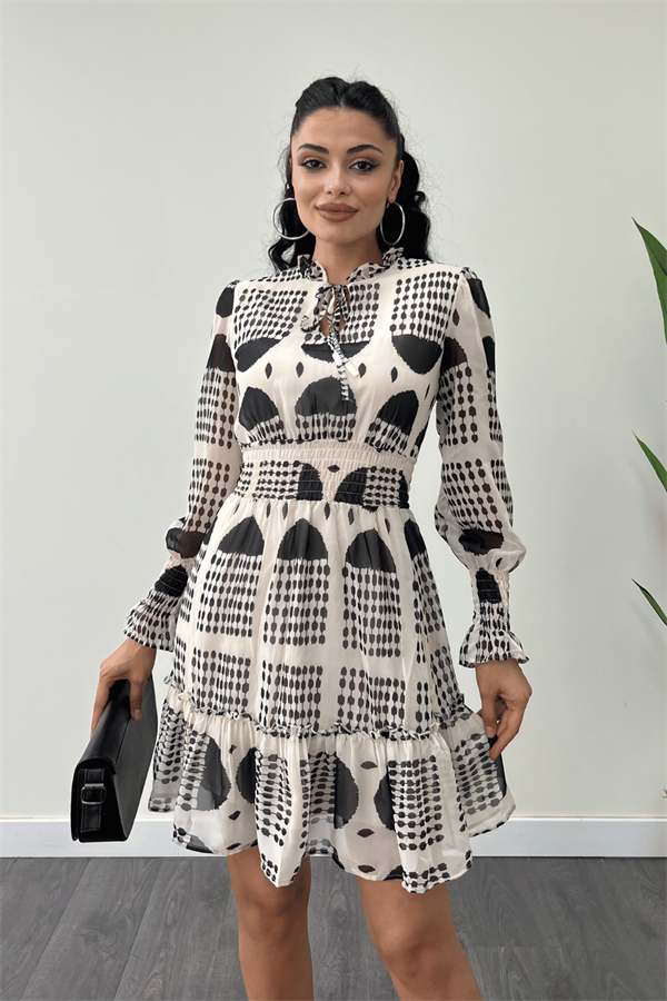 Şifon Kumaş Beli Lastik Detaylı Mini Elbise - KREM