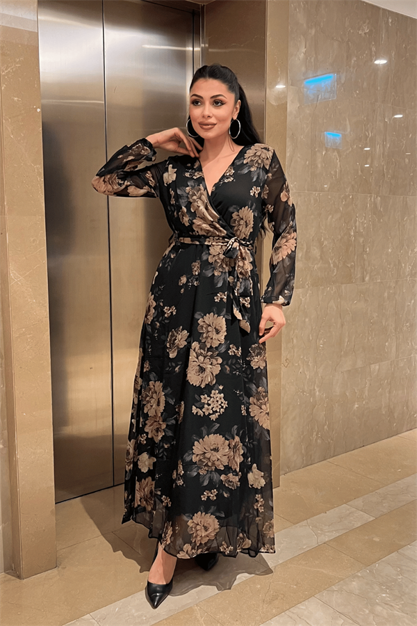 Şifon Kumaş Beli Lastikli Elbise - KAHVERENGİ