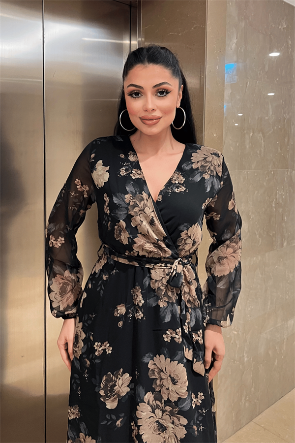 Şifon Kumaş Beli Lastikli Elbise - KAHVERENGİ