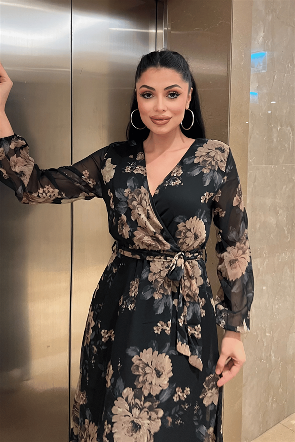 Şifon Kumaş Beli Lastikli Elbise - KAHVERENGİ