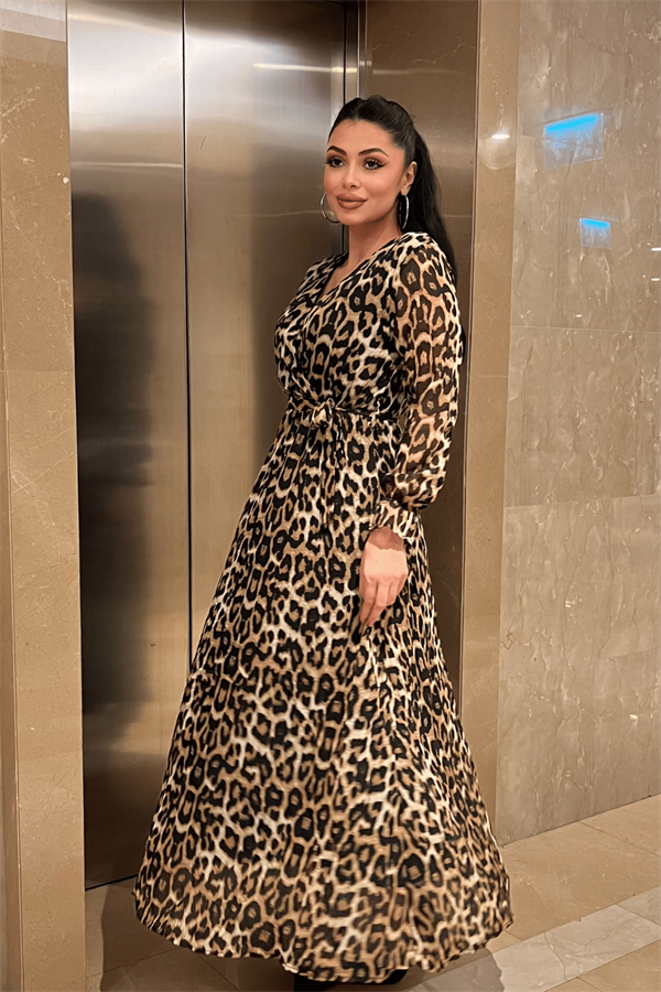 Şifon Kumaş Beli Lastikli Elbise - LEOPAR