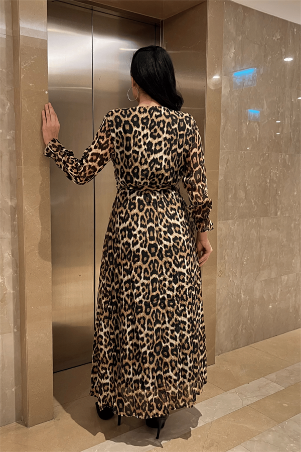 Şifon Kumaş Beli Lastikli Elbise - LEOPAR