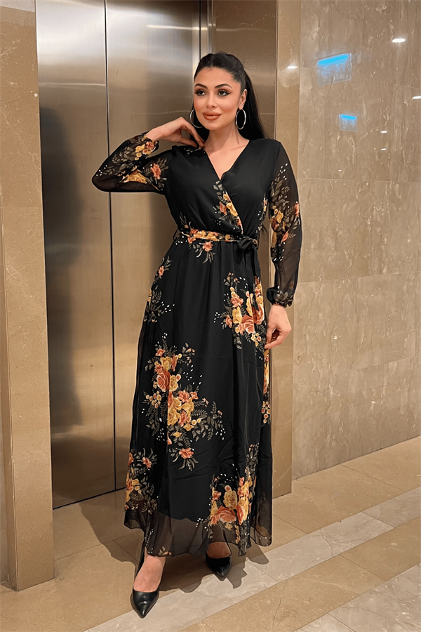 Şifon Kumaş Beli Lastikli Elbise - SİYAH