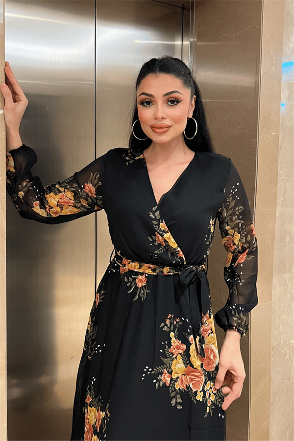 Şifon Kumaş Beli Lastikli Elbise - SİYAH