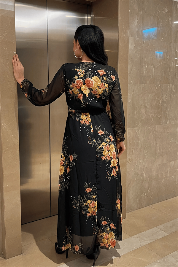 Şifon Kumaş Beli Lastikli Elbise - SİYAH