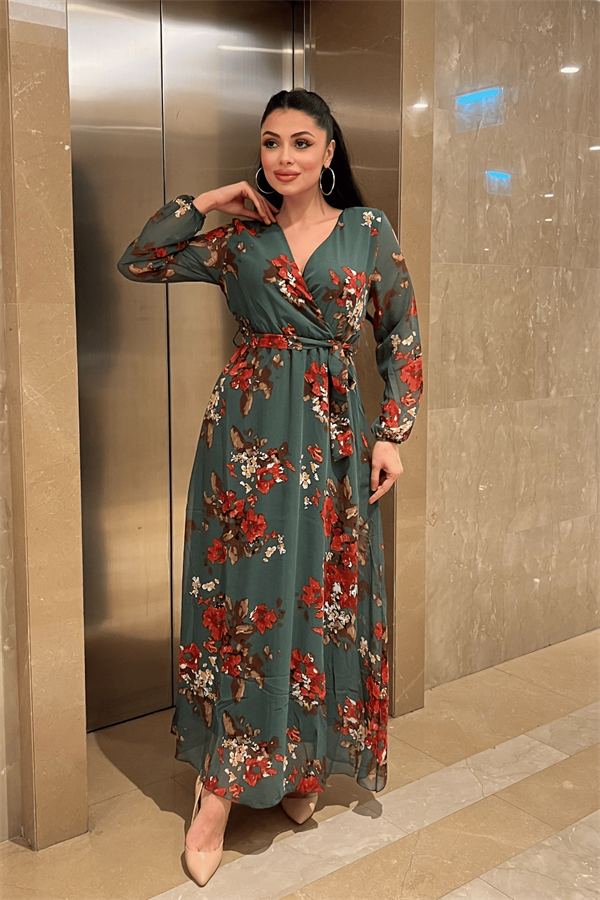 Şifon Kumaş Beli Lastikli Elbise - SU YEŞİLİ