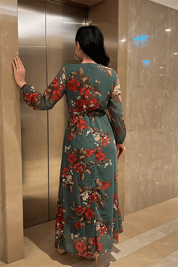 Şifon Kumaş Beli Lastikli Elbise - SU YEŞİLİ