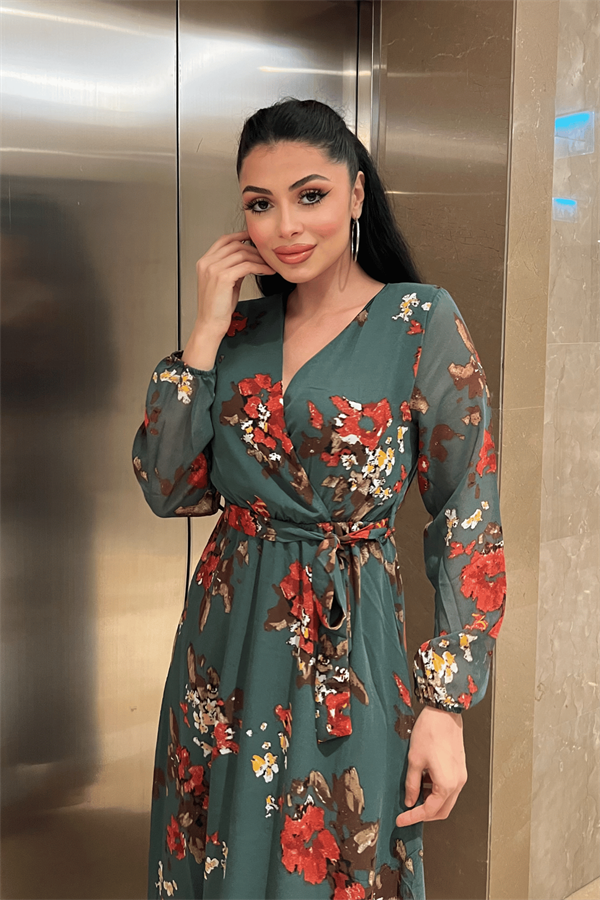 Şifon Kumaş Beli Lastikli Elbise - SU YEŞİLİ