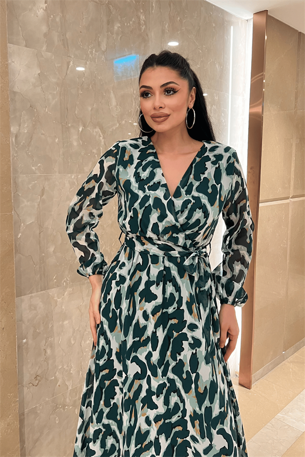 Şifon Kumaş Beli Lastikli Elbise - YEŞİL