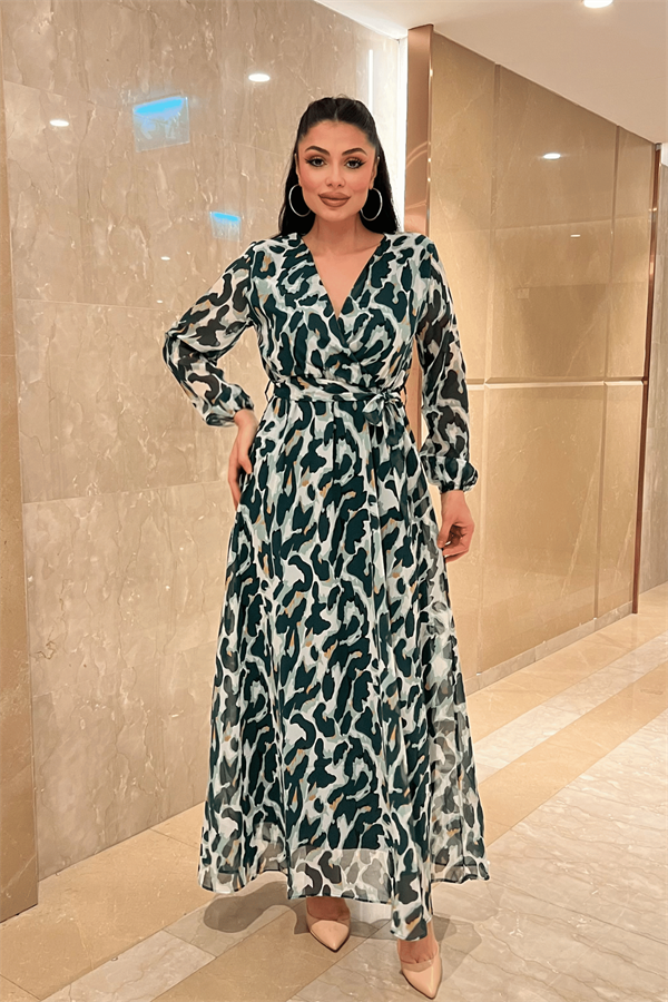 Şifon Kumaş Beli Lastikli Elbise - YEŞİL