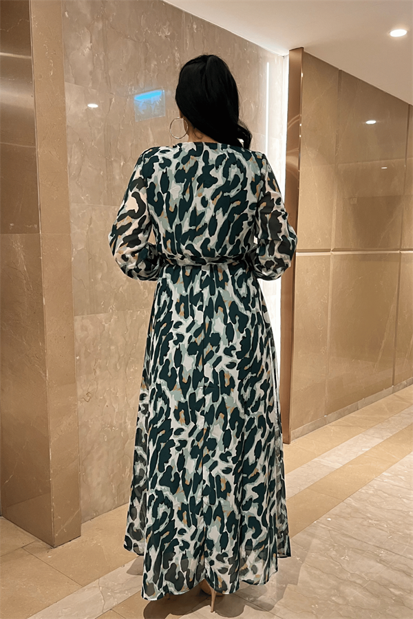 Şifon Kumaş Beli Lastikli Elbise - YEŞİL