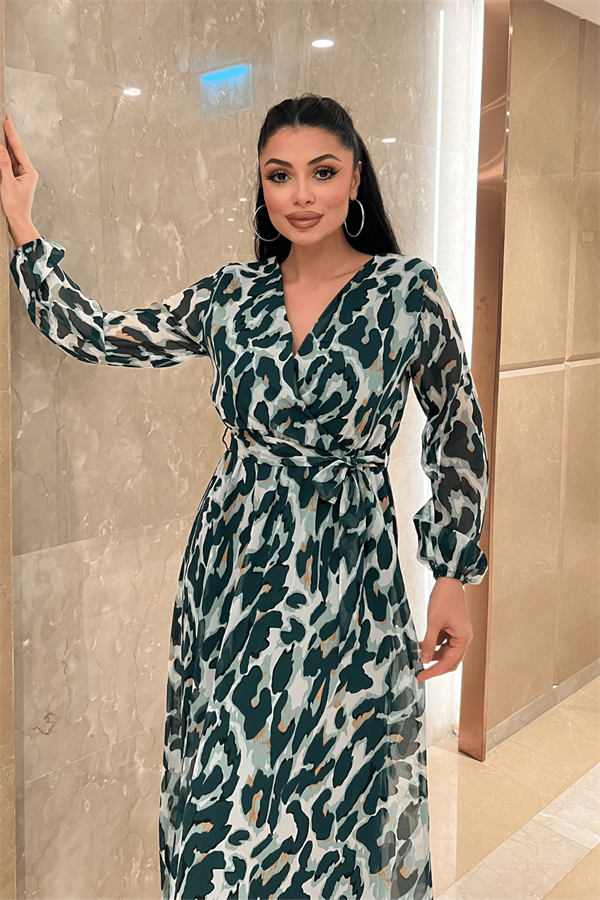 Şifon Kumaş Beli Lastikli Elbise - YEŞİL