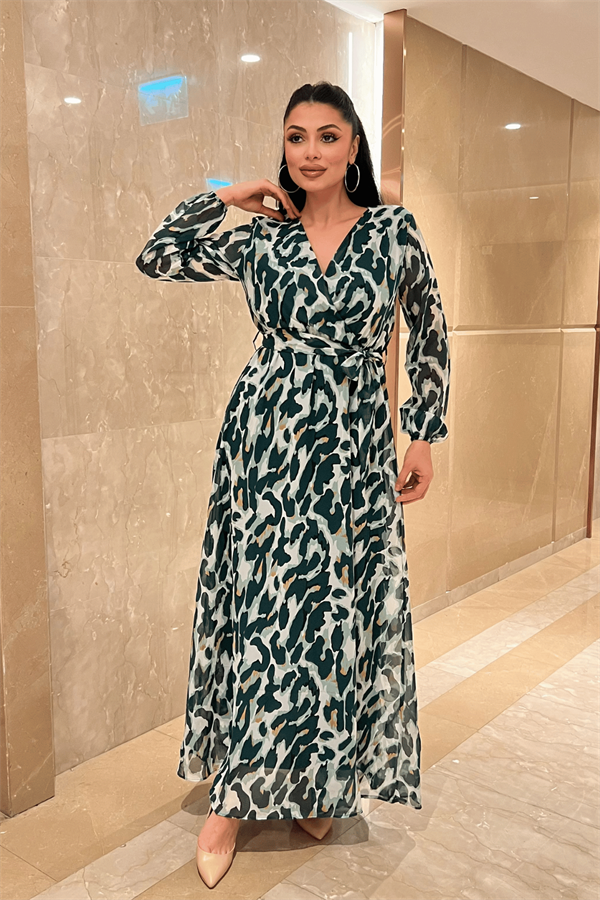 Şifon Kumaş Beli Lastikli Elbise - YEŞİL