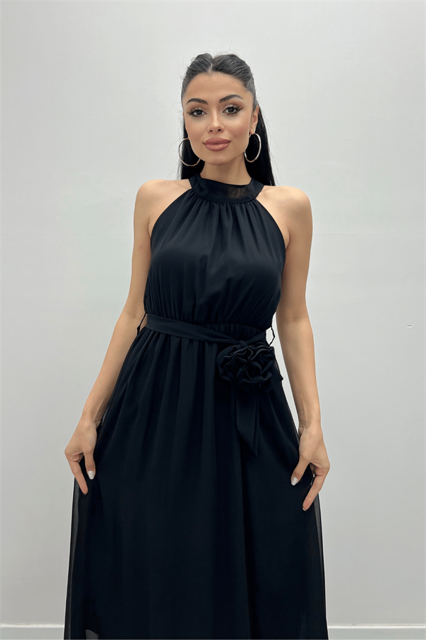 Şifon Kumaş Beli Lastikli Midi Elbise - SİYAH