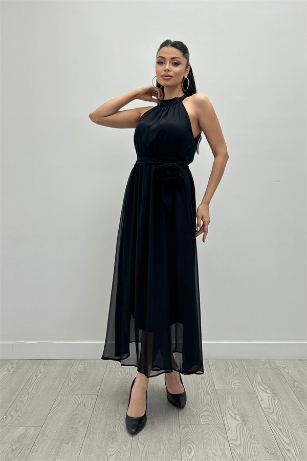 Şifon Kumaş Beli Lastikli Midi Elbise - SİYAH