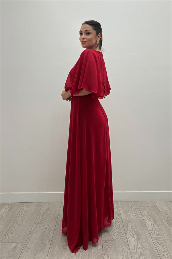 Şifon Kumaş Bolero Detaylı Elbise - KIRMIZI