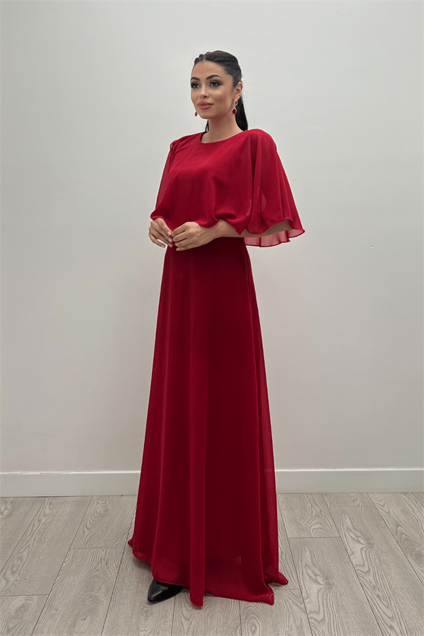 Şifon Kumaş Bolero Detaylı Elbise - KIRMIZI