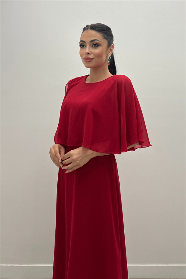 Şifon Kumaş Bolero Detaylı Elbise - KIRMIZI