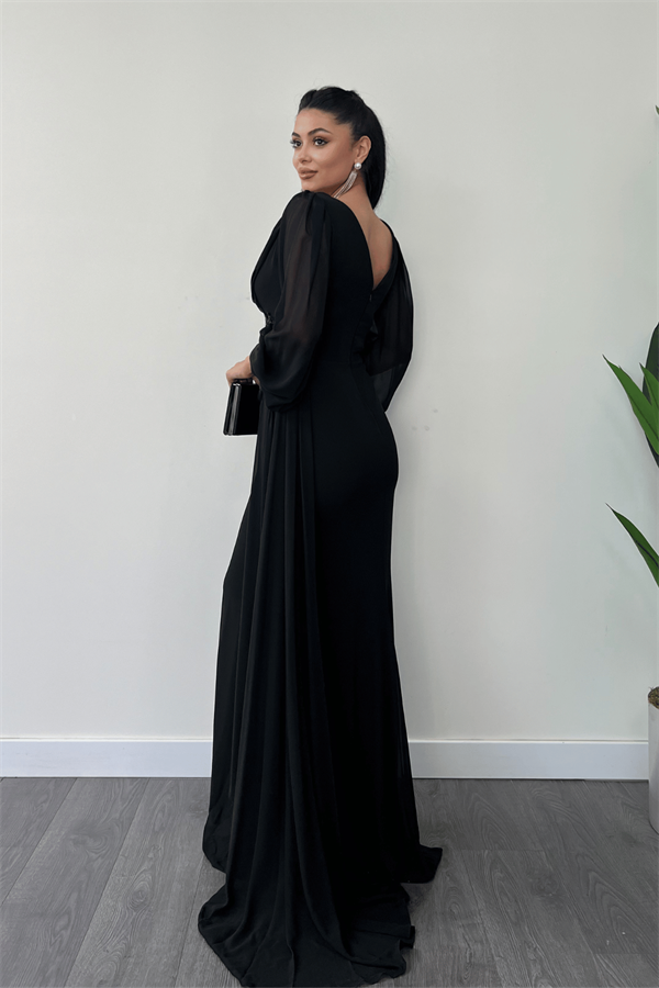 Şifon Kumaş Boncuk İşlemeli Şal Detaylı Abiye Elbise - SİYAH