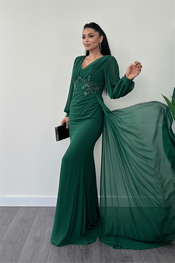 Şifon Kumaş Boncuk İşlemeli Şal Detaylı Abiye Elbise - ZÜMRÜT YEŞİL