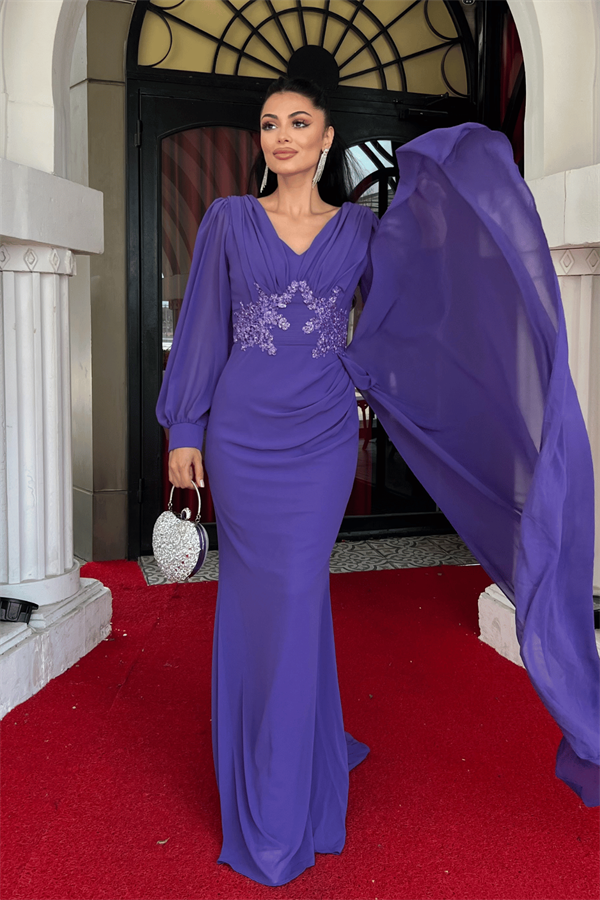 Şifon Kumaş Boncuk İşlemeli Şal Detaylı Abiye Elbise - MOR