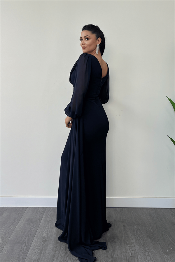 Şifon Kumaş Boncuk İşlemeli Şal Detaylı Abiye Elbise - LACİVERT