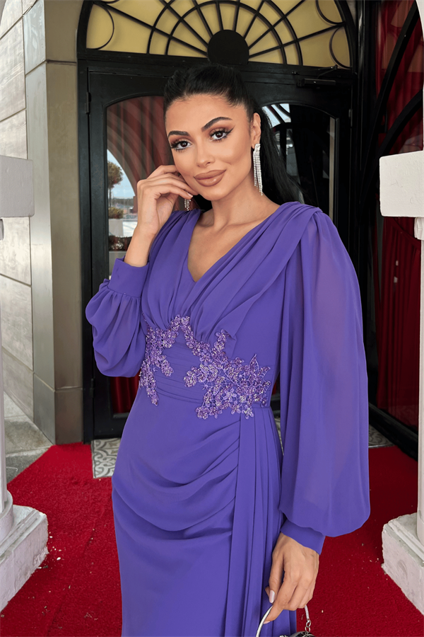 Şifon Kumaş Boncuk İşlemeli Şal Detaylı Abiye Elbise - MOR