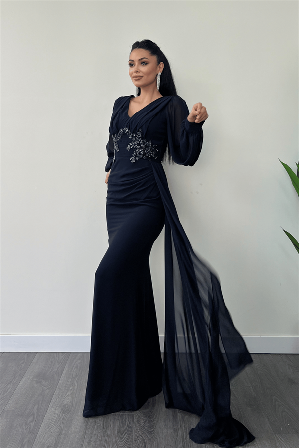 Şifon Kumaş Boncuk İşlemeli Şal Detaylı Abiye Elbise - LACİVERT