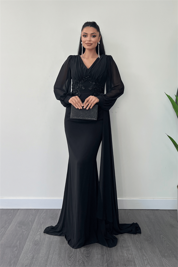 Şifon Kumaş Boncuk İşlemeli Şal Detaylı Abiye Elbise - SİYAH