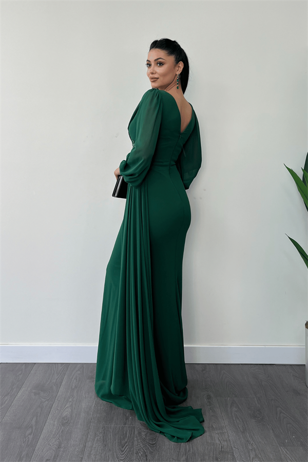 Şifon Kumaş Boncuk İşlemeli Şal Detaylı Abiye Elbise - ZÜMRÜT YEŞİL