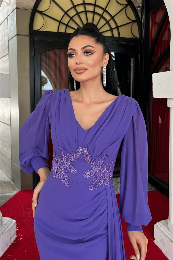 Şifon Kumaş Boncuk İşlemeli Şal Detaylı Abiye Elbise - MOR