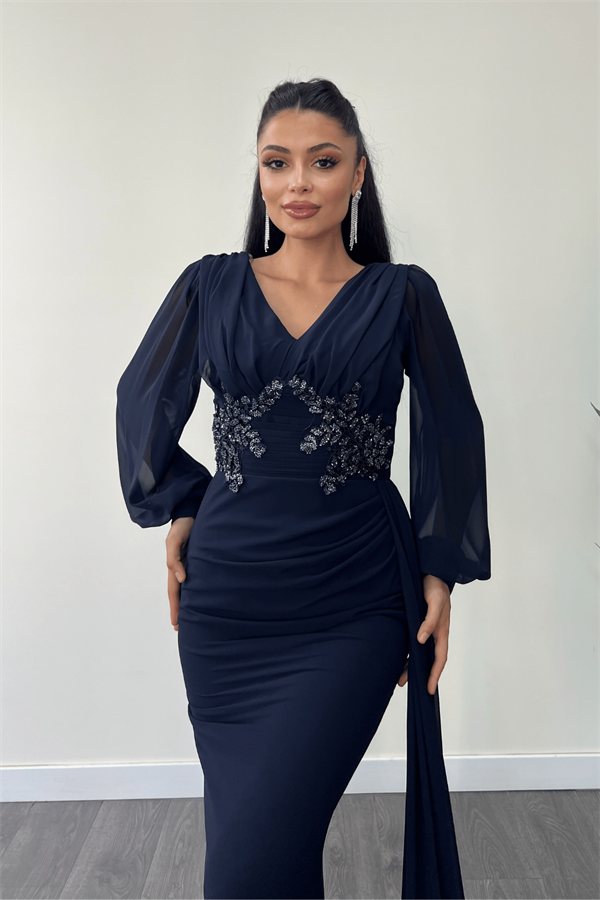 Şifon Kumaş Boncuk İşlemeli Şal Detaylı Abiye Elbise - LACİVERT