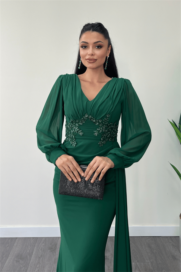 Şifon Kumaş Boncuk İşlemeli Şal Detaylı Abiye Elbise - ZÜMRÜT YEŞİL