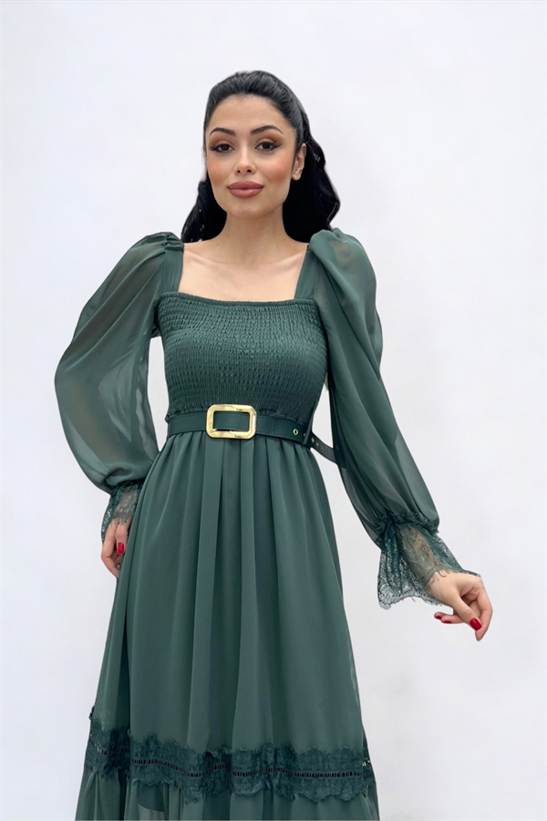 Şifon Kumaş Büzgü Dantel Detaylı Midi Elbise - HAKİ YEŞİLİ