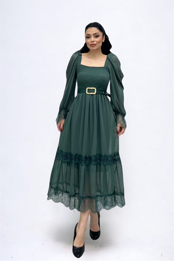 Şifon Kumaş Büzgü Dantel Detaylı Midi Elbise - HAKİ YEŞİLİ