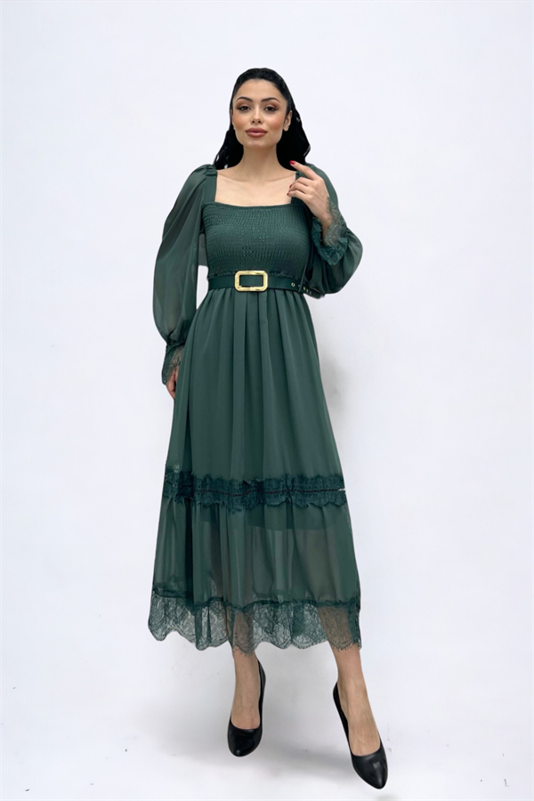 Şifon Kumaş Büzgü Dantel Detaylı Midi Elbise - HAKİ YEŞİLİ