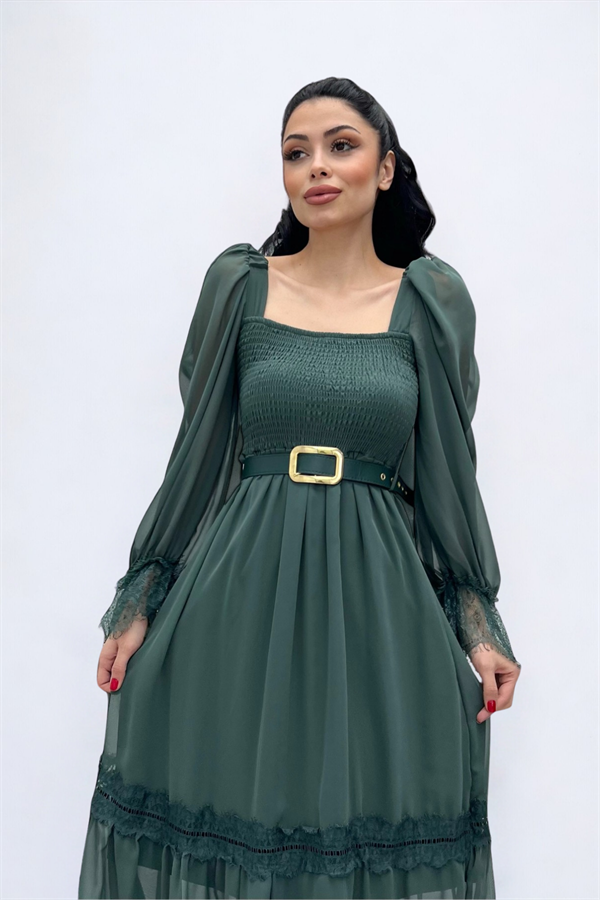 Şifon Kumaş Büzgü Dantel Detaylı Midi Elbise - HAKİ YEŞİLİ