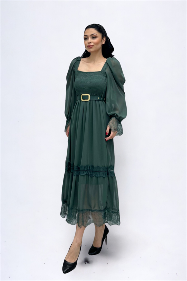 Şifon Kumaş Büzgü Dantel Detaylı Midi Elbise - HAKİ YEŞİLİ