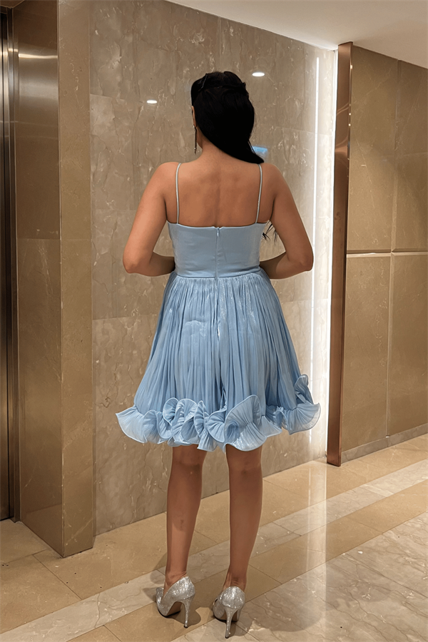 Şifon Kumaş Büzgü Detaylı Askılı Mini Elbise - BEBE MAVİSİ