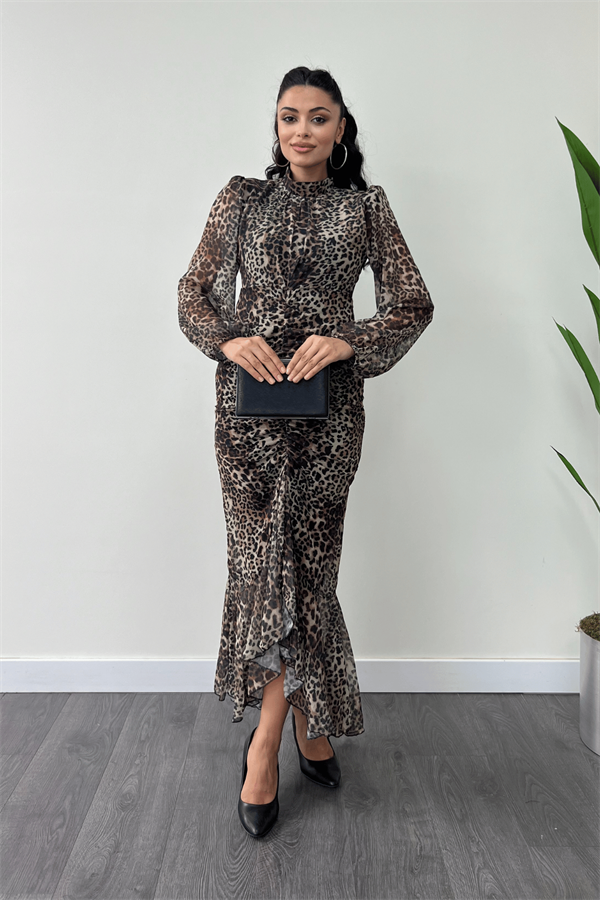 Şifon Kumaş Büzgü Detaylı Kalem Elbise - LEOPAR