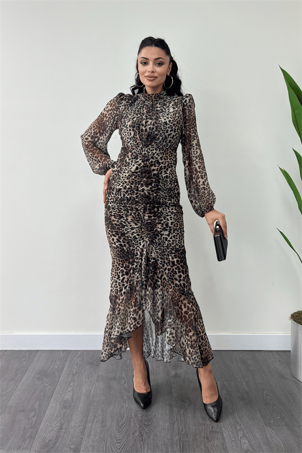 Şifon Kumaş Büzgü Detaylı Kalem Elbise - LEOPAR