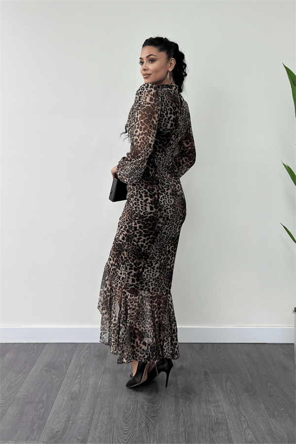 Şifon Kumaş Büzgü Detaylı Kalem Elbise - LEOPAR