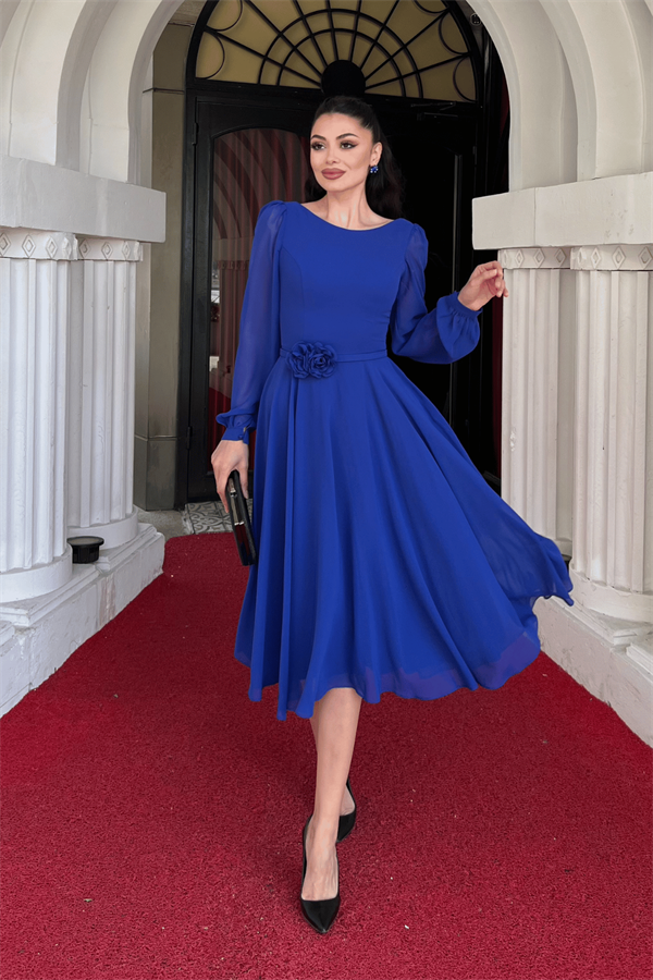 Sifon Kumaş Çiçek Detaylı Midi Elbise - SAKS MAVİ